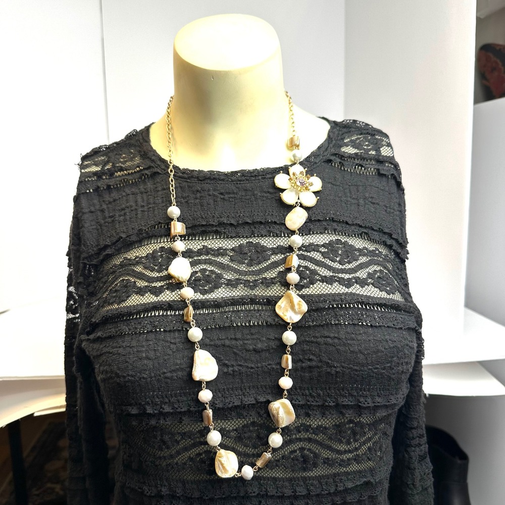 Gold Mother of Pearl Shell Flower Crystal Long Station Necklace Iridescent
